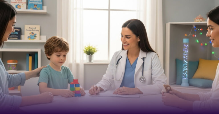 A child sits at a table playing with blocks while a pediatric specialist speaks with two parents in a calm, child friendly clinic setting.