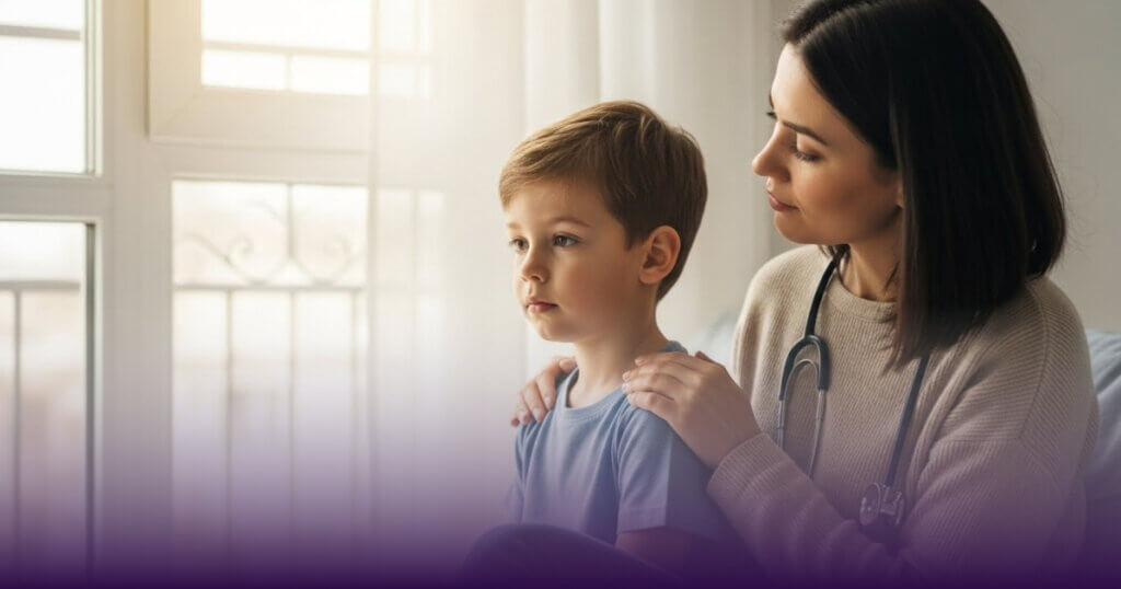 A calm, emotional scene showing a mother and son sitting side by side in a quiet home environment near a window.